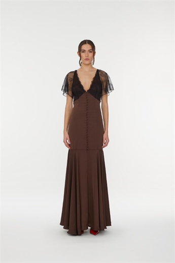 Rotate, Lace Maxi V-Neck Dress, Chicory Coffee